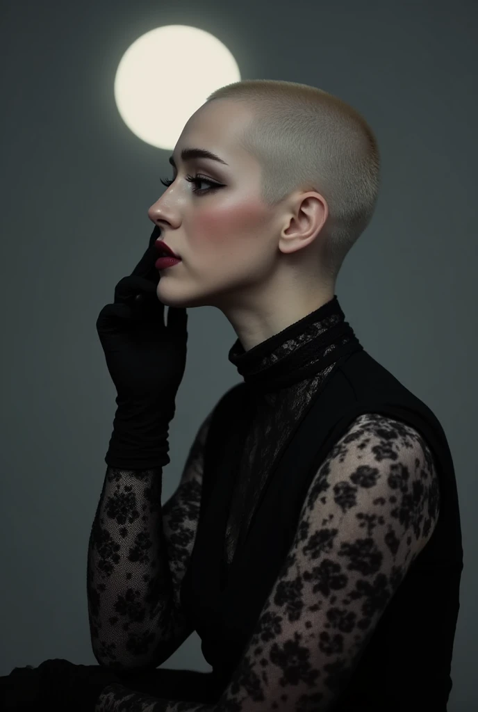 under pale moonlight insane detail, insane cinematic morbid of a goth, her lace gloves black with patterns, caressing her lips tracing along her face, beckoning to flow cascading her touch is soft delicate and elegantly sensual, (her bald shaved head glistenings) under the pale moon
