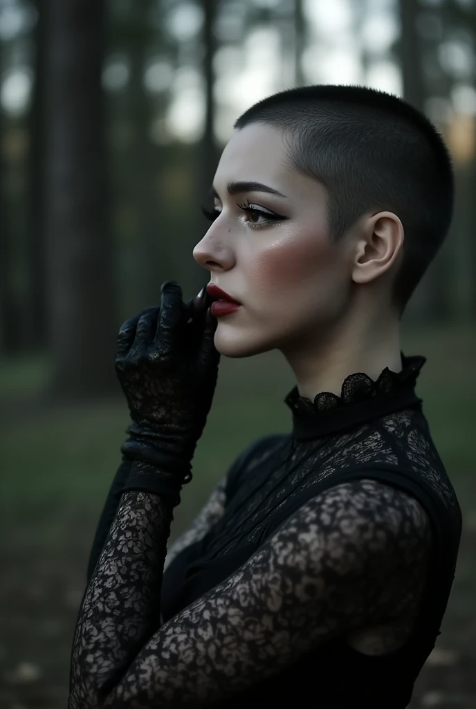 under pale moonlight insane detail, insane cinematic morbid of a goth, her lace gloves black with patterns, caressing her lips tracing along her face, beckoning to flow cascading her touch is soft delicate and elegantly sensual, (her bald shaved head glistenings) under the pale moon
