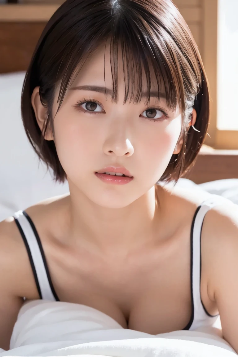 masterpiece, Best Quality, One Woman, (RAW Photos, Best Quality), (reality, Realistic:1.4)、sexy、iris、Very detailed eyes and face, Beautiful and detailed nose, beautiful eyes, Perfect Anatomy、Blushing、short hair、Mid-chest, Sleep on your back、 look up、indoor, bed