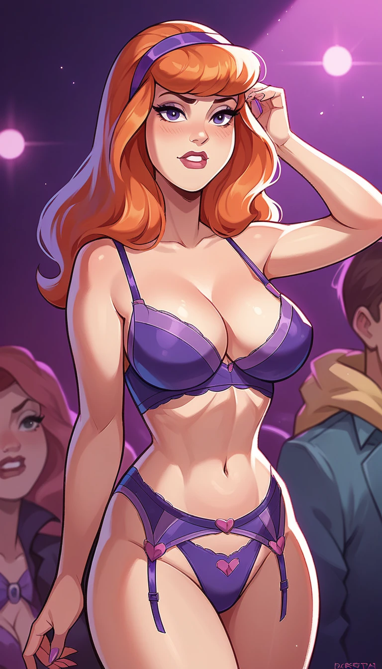 Daphne as a pornstar, pornstar, busty pornstar, (((in a nightclub))), Hot cleavage, (((breasts Focus))), purple lingerie 