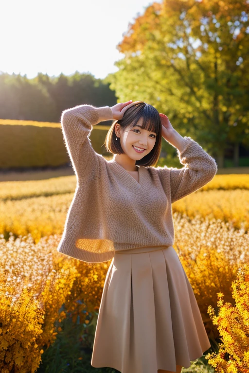 (masutepiece), (Best Quality), Realistic, Photorealism, 1girl, Beautiful woman, Perfect face, Perfect body、(Fashionable autumn clothes) , light smile, medium breast, give someone a little wave, Early morning sunlight, Her skirt flutters in the strong north wind, Vast autumn flower fields, realistic skin textures、high-level image quality、hight resolution、realistic、