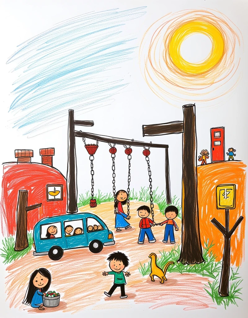 sketched style,children's stick figures,expressed in soft colors,A bustling city scene with children playing cars driving and buildings lining the streets under a bright sun