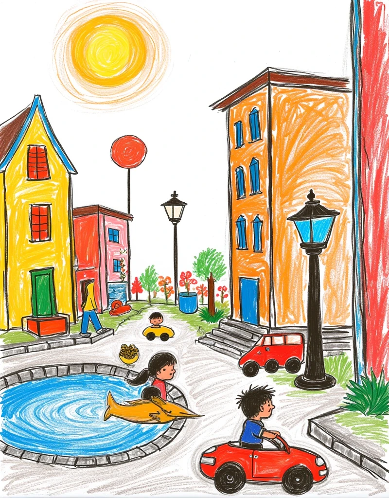 sketched style,children's stick figures,expressed in soft colors,A bustling city scene with children playing cars driving and buildings lining the streets under a bright sun