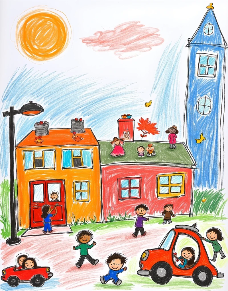 sketched style,children's stick figures,expressed in soft colors,A bustling city scene with children playing cars driving and buildings lining the streets under a bright sun