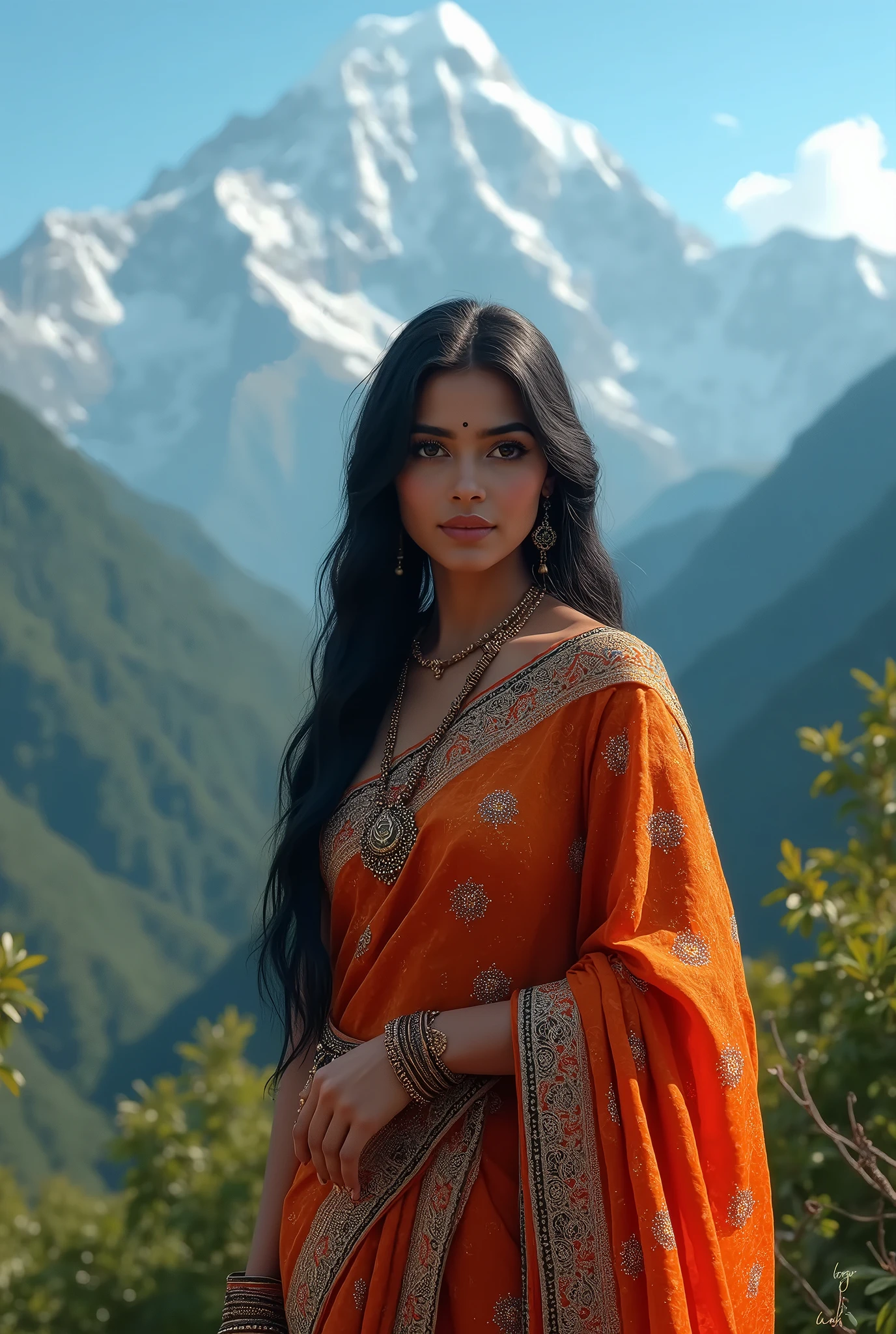 Realistic photo, 45-year-old Indian woman. The woman is angry, sitting in meditation, wearing blue Indian clothing, Hindu goddess kali, voluminous wavy and long black hair (hair in the wind), angry look, himalaya background at night