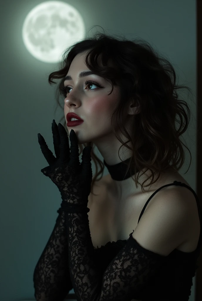 under pale moonlight insane detail, insane cinematic morbid of a goth, her lace gloves black with patterns, caressing her lips tracing along her face, beckoning to flow cascading her touch is soft delicate and elegantly sensual her dark very long wavy hair glistening under the pale moon
