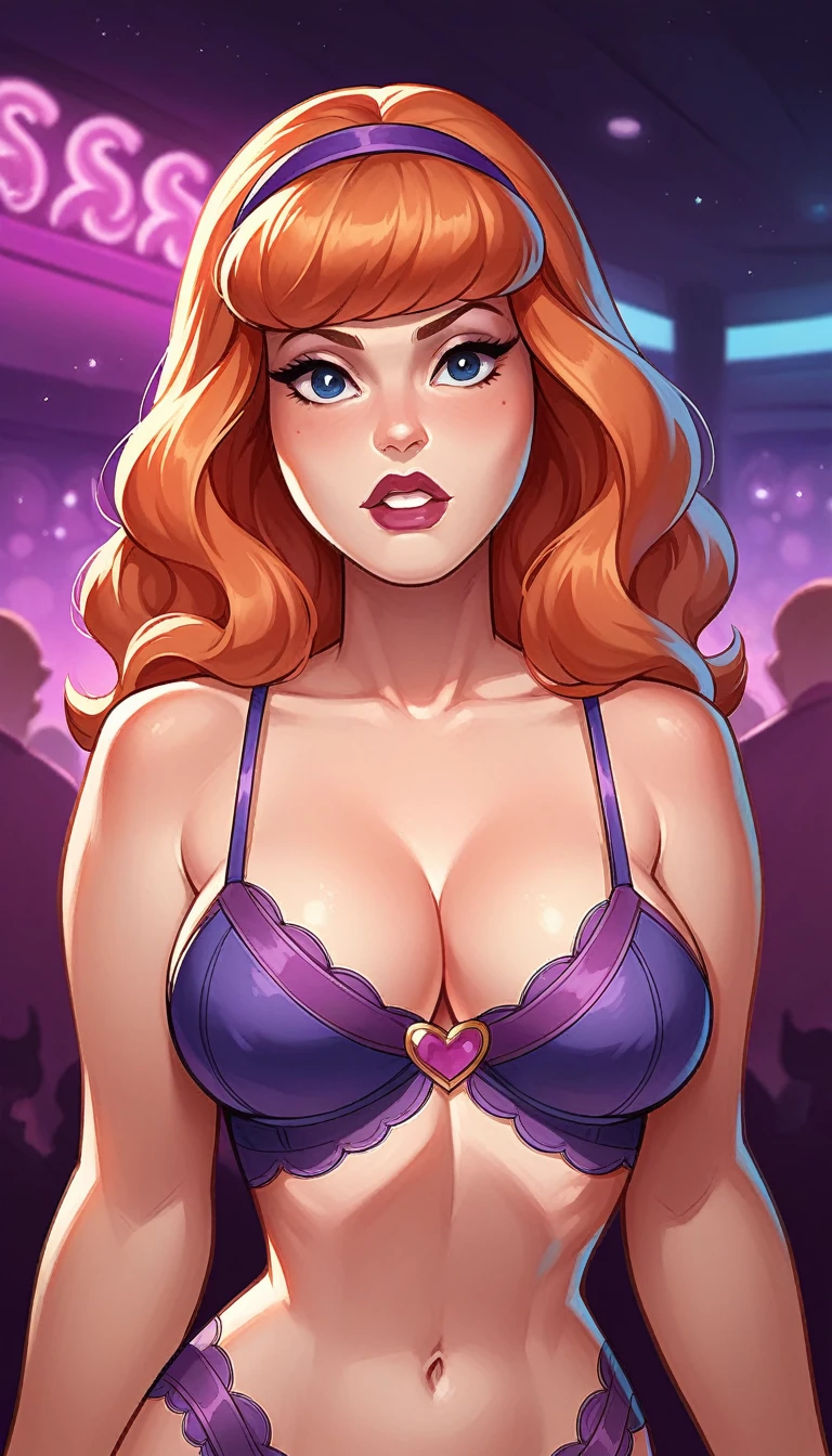 Daphne as a pornstar, pornstar, busty pornstar, (((in a nightclub))), Hot cleavage, (((breasts Focus))), purple lingerie 