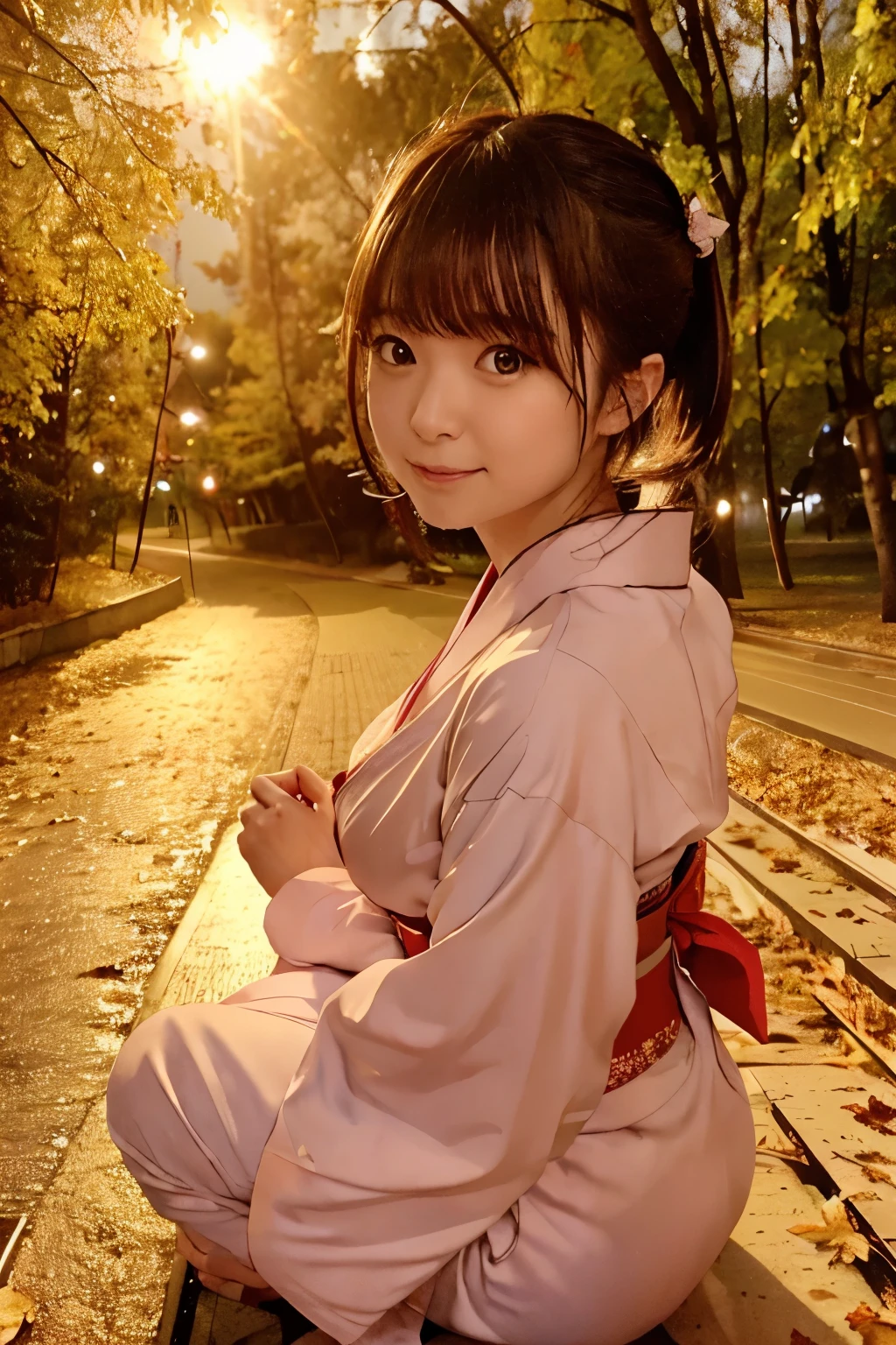 (rondo in autumn winds), 
8k, raw photo, best quality, hires, realistic, photorealistic, extremely detailed 8k wallpaper, beautifully detailed eyes, finely detailed face, 
 break 
cinematic lighting, 
 break 
light purple dusk:1.2, roads's reflections:1.2, ginkgo trees, 
 break 
perfectly anatomically correct:1.2, 
 break 
1 girl in falling leaves:1.2, kawaii:1.2, very short ponytail hair:1.2, 
(symmetrical clear eyes, chocolate color eyes with captivating reflections, teary eyes), 
wide-set eyes, tareme, moderate eye bags, round face, round chin, embarrassed, blush, white skinned, seventeen, 
brown hair, 
leaning behind, hands clasping, kneeling, cleavage, 
open mouth:1.2, light smiling, melancholy, 
(wearing formaly japanese kimono), 
looking back viewer straightly, 
 break 
[sfw:1.0], 
 break 
low angle shot:1.2, by telephoto lens:1.0, distant view:1.0, dynamic shot, bokeh:1.2