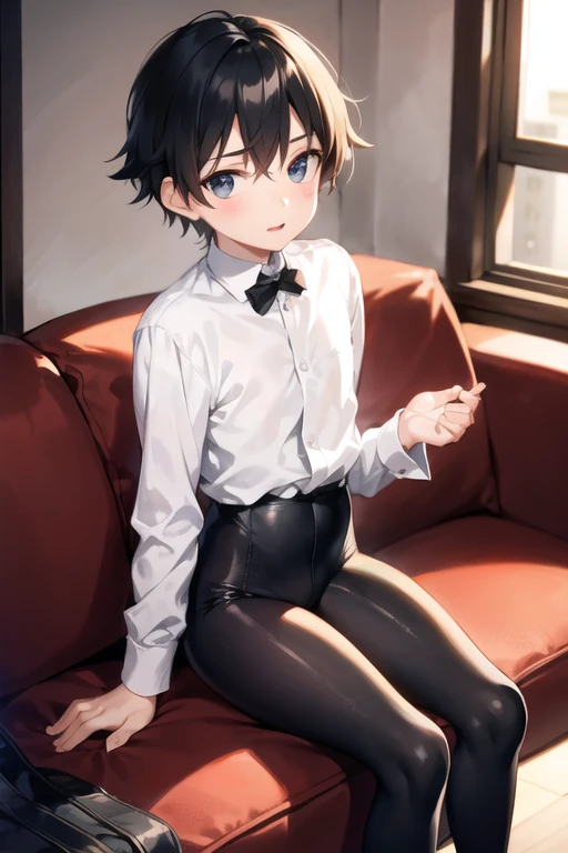 Solo, kemono, femboy, orange and white hair, blue eyes, wear red bow tie, wear glasses, wear black long-sleeved shirt, wear black panties, wear black and white leggings, blushes, look at camera, smile open mouth, sitting in kitchen, eating cookies , cookies on table, white table, modern kitchen, daytime