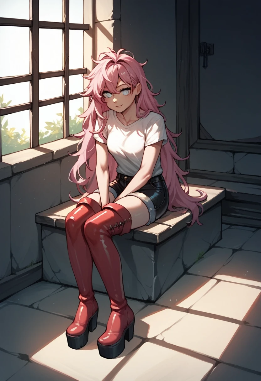 score_9, score_8_up, score_7_up, score_6_up, score_5_up, score_4_up, source_anime, 1woman, sit, pink hair, long hair, white eyes, croosed legs, messy hair, white shirt, leather shorts, red thigh high boots, platforms, day, windows, dungeon, best quality, best res, 4K UHD,
 