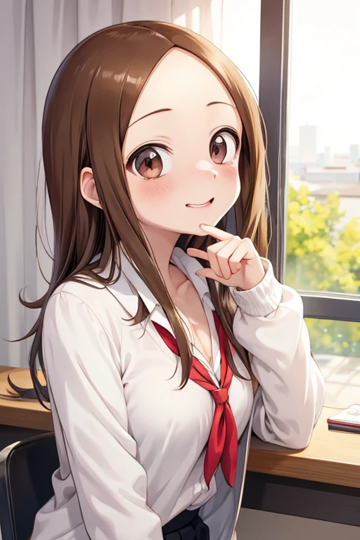 (Anime Style) ((Best Quality)),(MS. Takagi-san is good at teasing)Layering a cardigan over a blouse