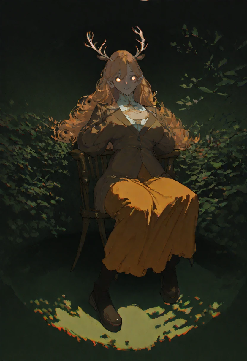 1girl, perfect anatomy, brown detailed eyes, antlers, 8k resolution, (one person), (score_9), (realism: 1.2), (masterpiece: 1.2), (cowboy frame: 1.2), romantic lighting, (high detail: 1.2), (full body shot: 1.2), (gradients), (natural light: 1.2), (masterpiece, top quality, best quality, hd, beautiful and aesthetic:1.2), (flat color:1.3), high resolution, extremely detailed, original, colorful, dynamic curves, fisheye view, solo, garden, outdoors, forest far away in the background, sitting on a garden chair, table with tea set, plants, brambles, perfect lighting, deer ears, long hair, ginger hair, cream colored dress, dark brown suit jacket, low angle, perfectly drawn eyes, smile, full-length, insanely detailed and intricate dark shadows, gradient cinematic light epic shot action pose beautiful molten, (SuperQuality:1.0) ~ (SuperQuality:1.2), aidxlv05_neg, sunlight between leaves chromatic aberration aesthetic, (amazing quality:1.5)