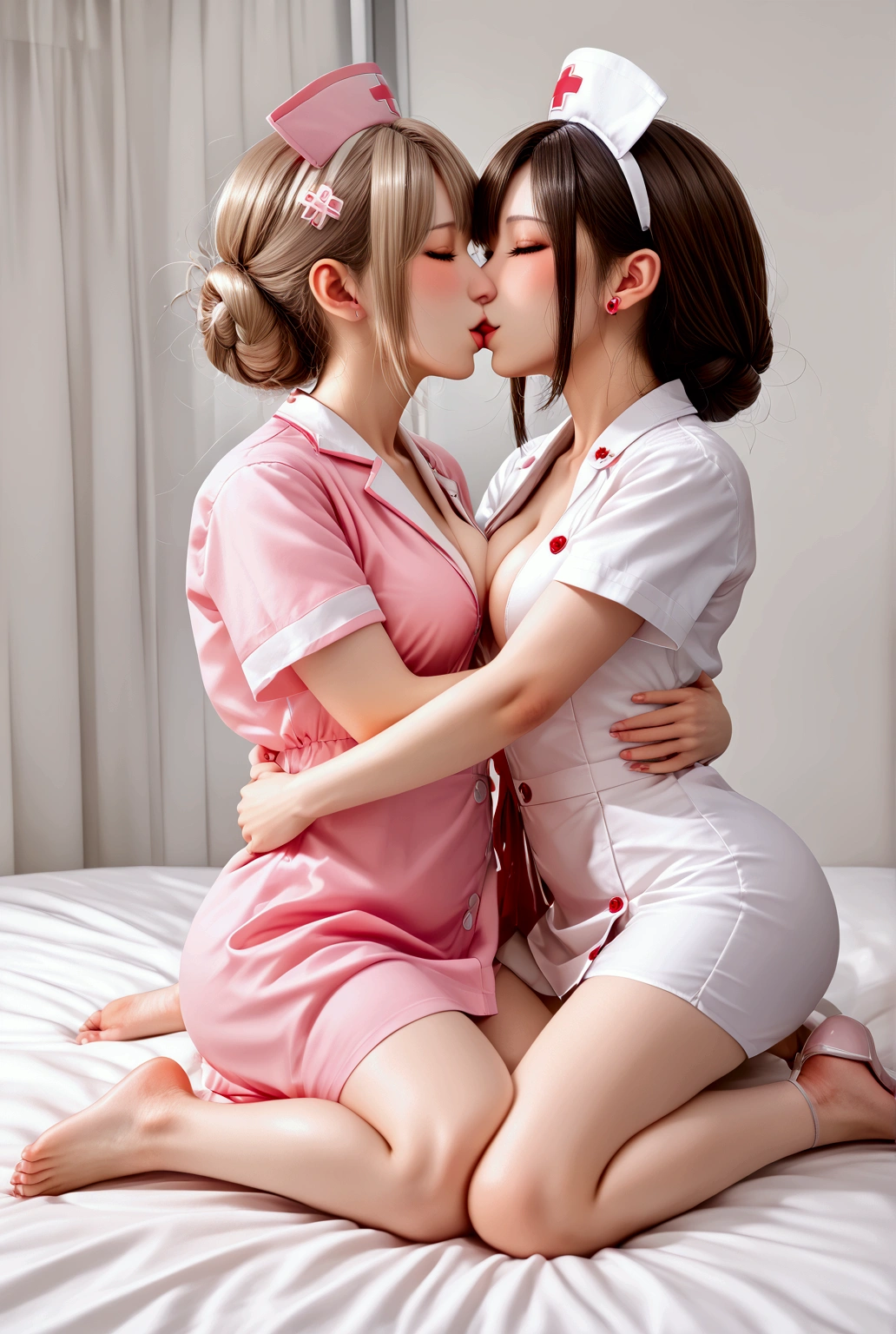 (sweaty skin:1.10)、 (highest quality, 8K, 32K, masterpiece, UHD:1.2)、(((wet clothes)))、see-through、(((blush))),sweat,(((shiny white nurse uniform))),Tight Skirt、(doctor)、hospital、Examination room、(naughty face)、erectile nipples,(((((orgasm)))))、((penis))、erection、testis、(flat chest:1.10)、(((small breasts)))、vulgarity、blunt bangs、black hair,(((ejaculate)))、glasses、(((((narrow your eyes)))))、((2 girls)),(((((yuri))))),(((((2girls are having sex on office))))),(nipple to nipple:1.10),face to face,((dutch angle))、Ahegao、 (lesbian foreplay:1.3), (kiss with tongue out and look at each other:1.3),、((futanari))、(((Helmet matching)))、stockings、パンティーstockings、a lot of sweat、(((blank look)))