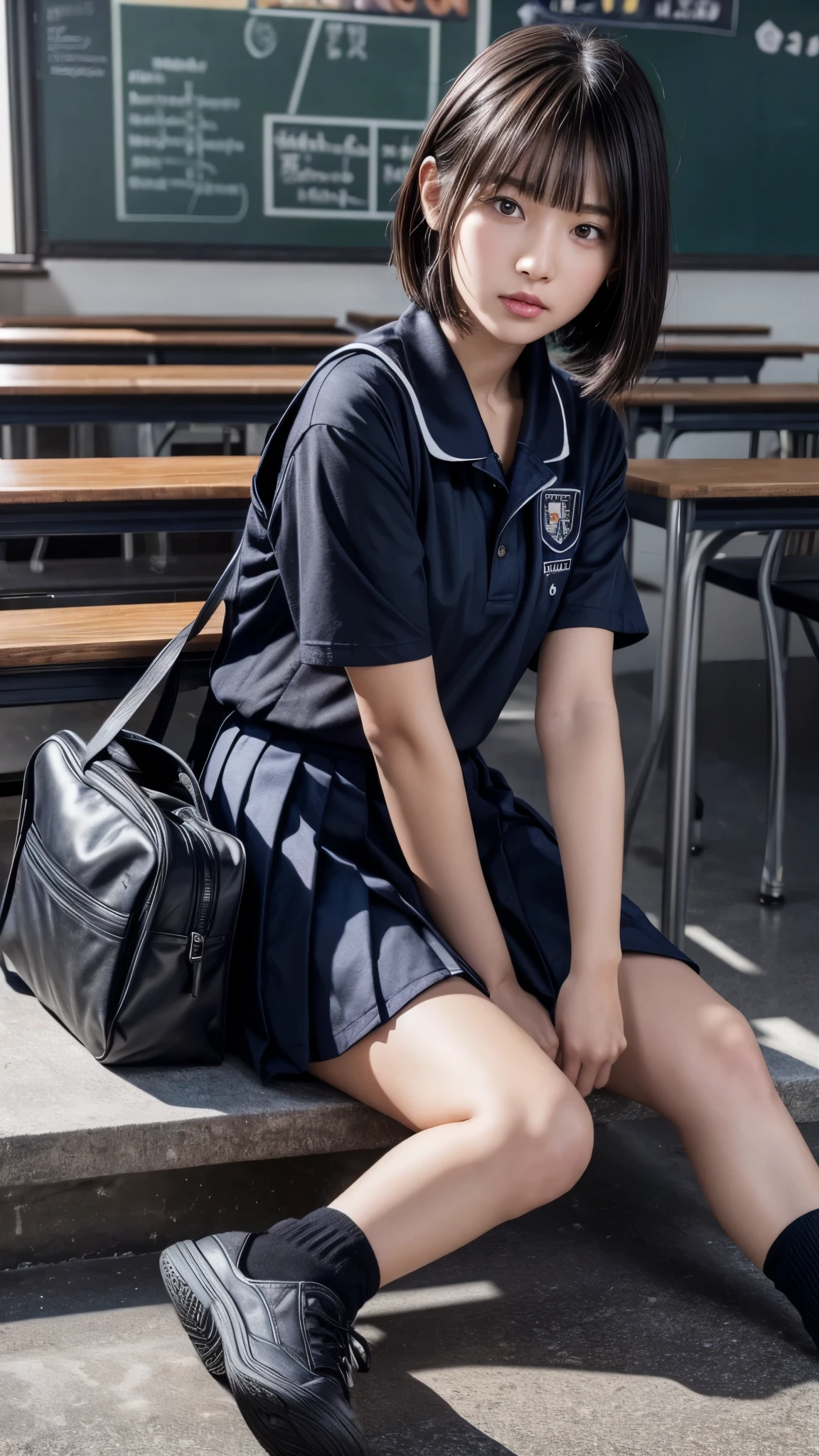 (From right side2.0),beautiful detailed eyes, beautiful detailed lips, extremely detailed eyes and face, longeyelashes, 1 girl, face close up, inside the school, inside the classroom, , sweat, dark skin color, (very short black hair),displeased, sulky, sailor suit, dark blue color, white shirts, short sleeve, school, dark blue skirt, black skirt, high socks, sneaker, school bag, sitting on the ground,spread legs,best quality, 4k, 8k, highres, masterpiece:1.2, ultra-detailed, realistic, photorealistic, photo-realistic:1.37, HDR, UHD, studio lighting, ultra-fine painting, sharp focus, physically-based rendering, extreme detail description, professional, vivid colors, bokeh, portraits