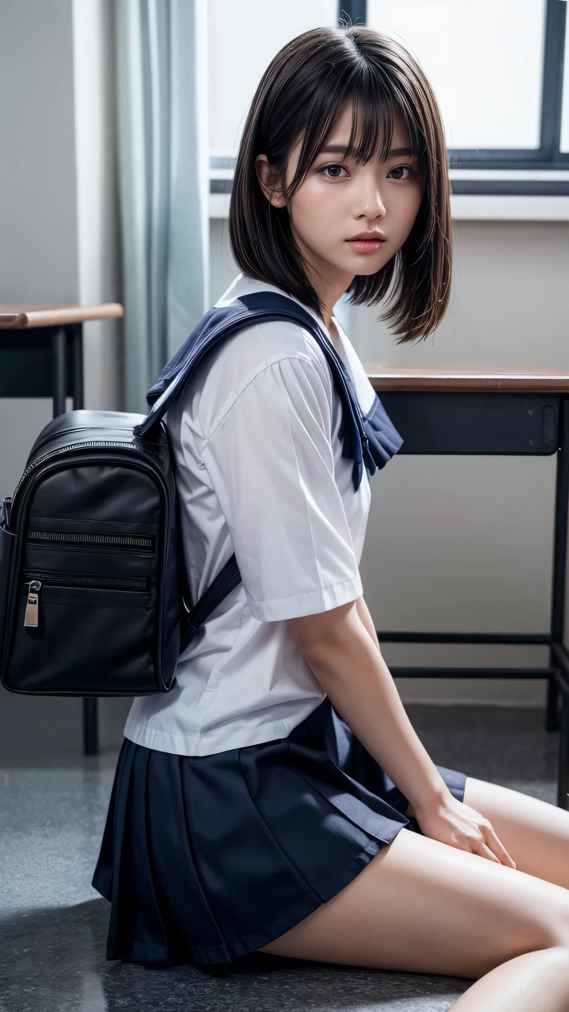 (From right side2.0),beautiful detailed eyes, beautiful detailed lips, extremely detailed eyes and face, longeyelashes, 1 girl, face close up, inside the school, inside the classroom, , sweat, dark skin color, (very short black hair),displeased, sulky, sailor suit, dark blue color, white shirts, short sleeve, school, dark blue skirt, black skirt, high socks, sneaker, school bag, sitting on the ground,spread legs,best quality, 4k, 8k, highres, masterpiece:1.2, ultra-detailed, realistic, photorealistic, photo-realistic:1.37, HDR, UHD, studio lighting, ultra-fine painting, sharp focus, physically-based rendering, extreme detail description, professional, vivid colors, bokeh, portraits