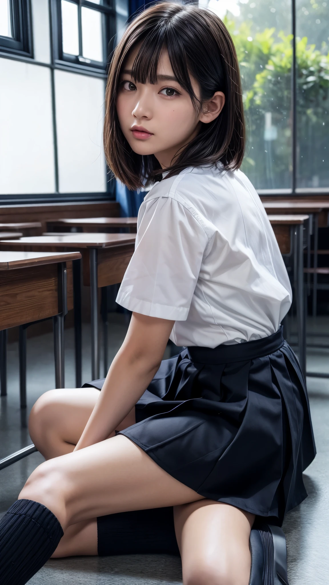 (From right side2.0),beautiful detailed eyes, beautiful detailed lips, extremely detailed eyes and face, longeyelashes, 1 girl, face close up, inside the school, inside the classroom, , sweat, dark skin color, (very short black hair),displeased, sulky, sailor suit, dark blue color, white shirts, short sleeve, school, dark blue skirt, black skirt, high socks, sneaker, school bag, sitting on the ground,spread legs,best quality, 4k, 8k, highres, masterpiece:1.2, ultra-detailed, realistic, photorealistic, photo-realistic:1.37, HDR, UHD, studio lighting, ultra-fine painting, sharp focus, physically-based rendering, extreme detail description, professional, vivid colors, bokeh, portraits