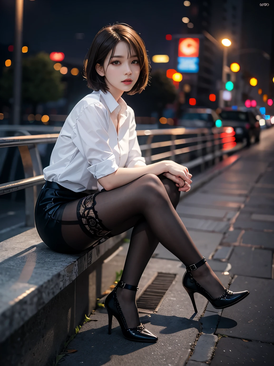8K Raw Photos、high - resolution、17-year-old daughter、Layer Hair、Formal shirts、Formal skirt、Smiling smile、long eyelash、Beautiful double eyelids、eyeshadows、beautiful and thin legs、pantyhose、short haired、In front of the station at night、Stairs at night、squating、sit ch、Luxury high heels、(Intricate Detailing:1.4),(photorealestic:1.4),octane renderings, Complex 3D Rendering Ultra Detail, Studio Soft Light, rim-light, vivid detail, Super Detail, realistic skin textures, Detail Face, Beautiful detail eyes, Very detailed CG Unity 8K wallpaper, Makeup, (Detailed background:1.2),