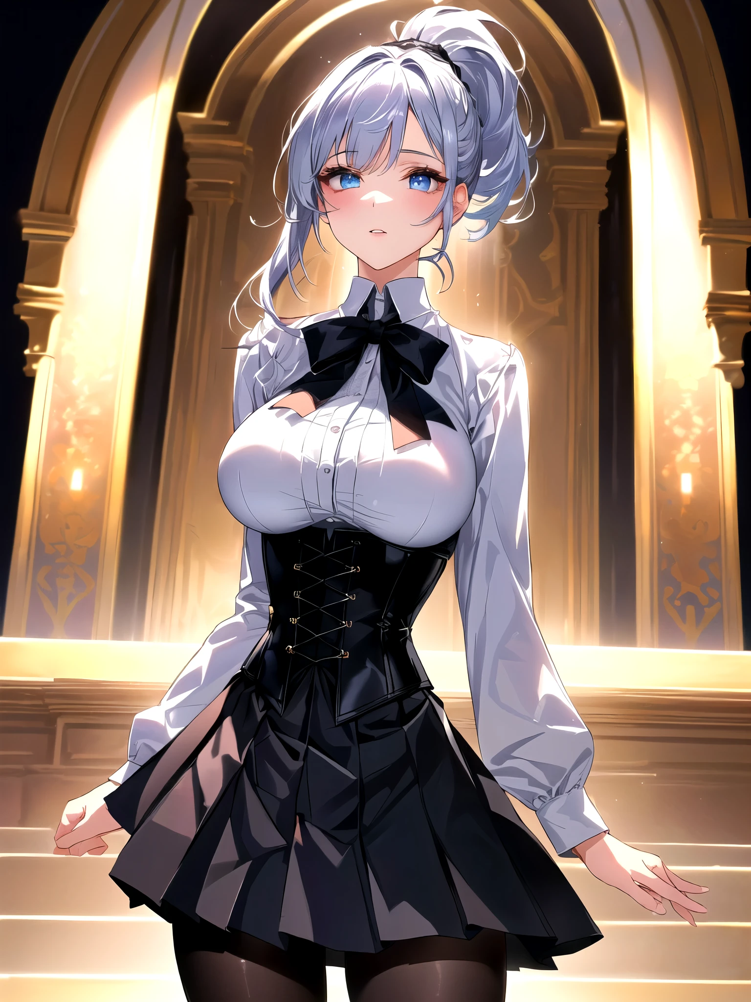 (absurdres, RAW photo, extremely delicate and beautiful, masterpiece, Best Quality, ultra high resolution, 32k, hyperrealistic, ultra-detailed, perfect anatomy, anatomically correct:1.2), perfect figure, Perfect Style, Perfect balance, super Detailed skin, in her 20s, very Slim body, narrow waist, very small head, very small face, delicate facial features, handsome detailed woman, very detailed eyes and face, realistic face proportions, Realistic beautiful face, Realistic beautiful eyes, tearful mole, earring, very huge round breasts, whole body shot, whole legs, medium hair, asymmetrical hair, indoor, knitted shirt, skirt, tie,