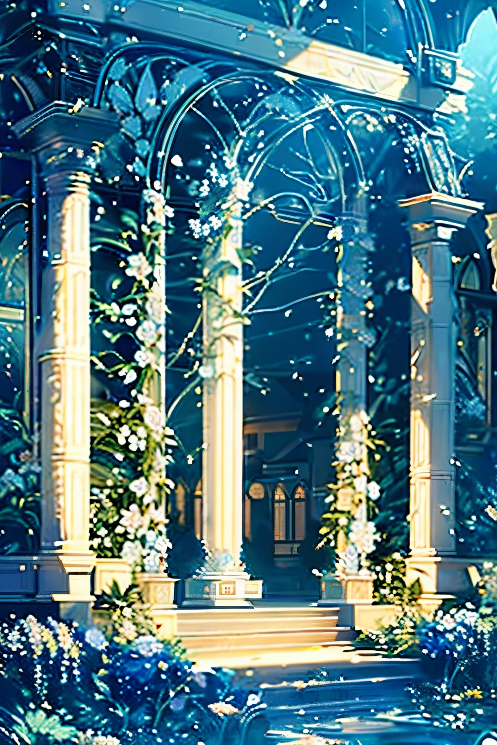 a beautiful garden with glowing blue roses under a starry night sky, detailed petals and leaves, intricate architecture, moonlight shining, classical painting, photorealistic, award winning, dramatic lighting, vibrant colors, 8k, highly detailed, masterpiece