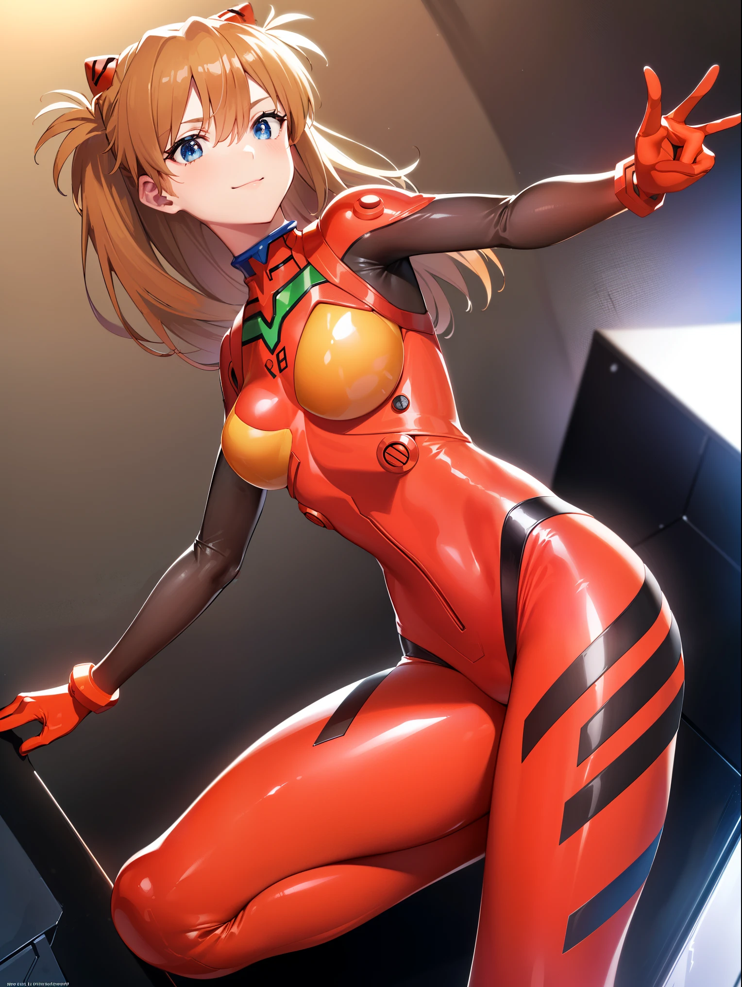  Asuka Langley Soryu, (Soryu Asuka Langley:1.5), blue eyes, hair between eye, headgear, Interface Headset, orange hair, two side up, Blake Bodysuit, Long sleeve, Plug Suit, (((Very thin and see-through bodysuit))), (((The background is a futuristic laboratory))), (masterpiece:1.2), Best Quality, High resolution, (Beautiful detailed eyes:1.6), Detailed face,((Very cute)). (((Smile shyly))),Perfect lighting, Highly detailed CG, (Perfect hands, Perfect Anatomy),(((Low angle))),Large Breasts,Red cheeks,(((Very thin and see-through bodysuit))),(((The suit is digging into his crotch))),(((Emphasis on the crotch))),(((The background is a futuristic laboratory))), (((See-through suit))),(((The suit is thin and the skin is visible))),(((Bold Pose))),
