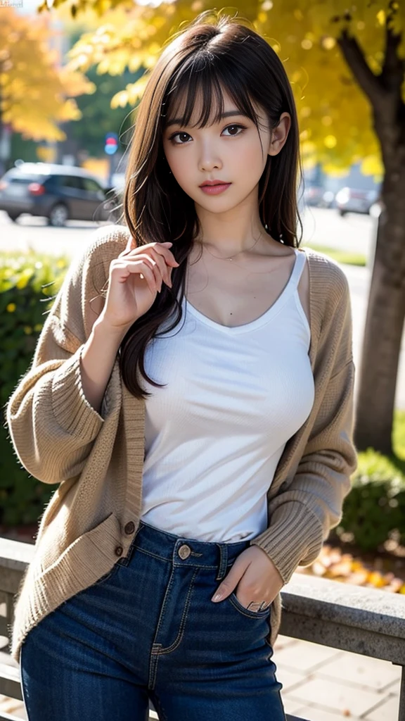 Best Quality, Masterpiece, Beautiful and Aesthetic, 16K, (HDR: 1.4), High Contrast, Bokeh: 1.2, Lens Flare, (Vivid Colors: 1.4),cinematic lighting,depth of field, film lighting, ambient light, side light, exquisite details and textures, cinematic lens, warm tones, (bright and intense: 1.2), wide-angle lens, hyper-realistic, (mideum shot), BREAK 1 girl,Japanese,22 yo,beautifull detailed face,A smile with a little visible teeth,(Slender body:1.5),((Wearing a hoodie)), BREAK pastel camisole,cargo shorts, ((Have a small handbag)), Beautiful detailed skin,Skin Texture,Floating hair,((fluffy hairstyle)),Black semi-long wavy hair, saggying breasts with good shape,(cleavage),cheerful pose,day,daylight,outdoor,braless,
