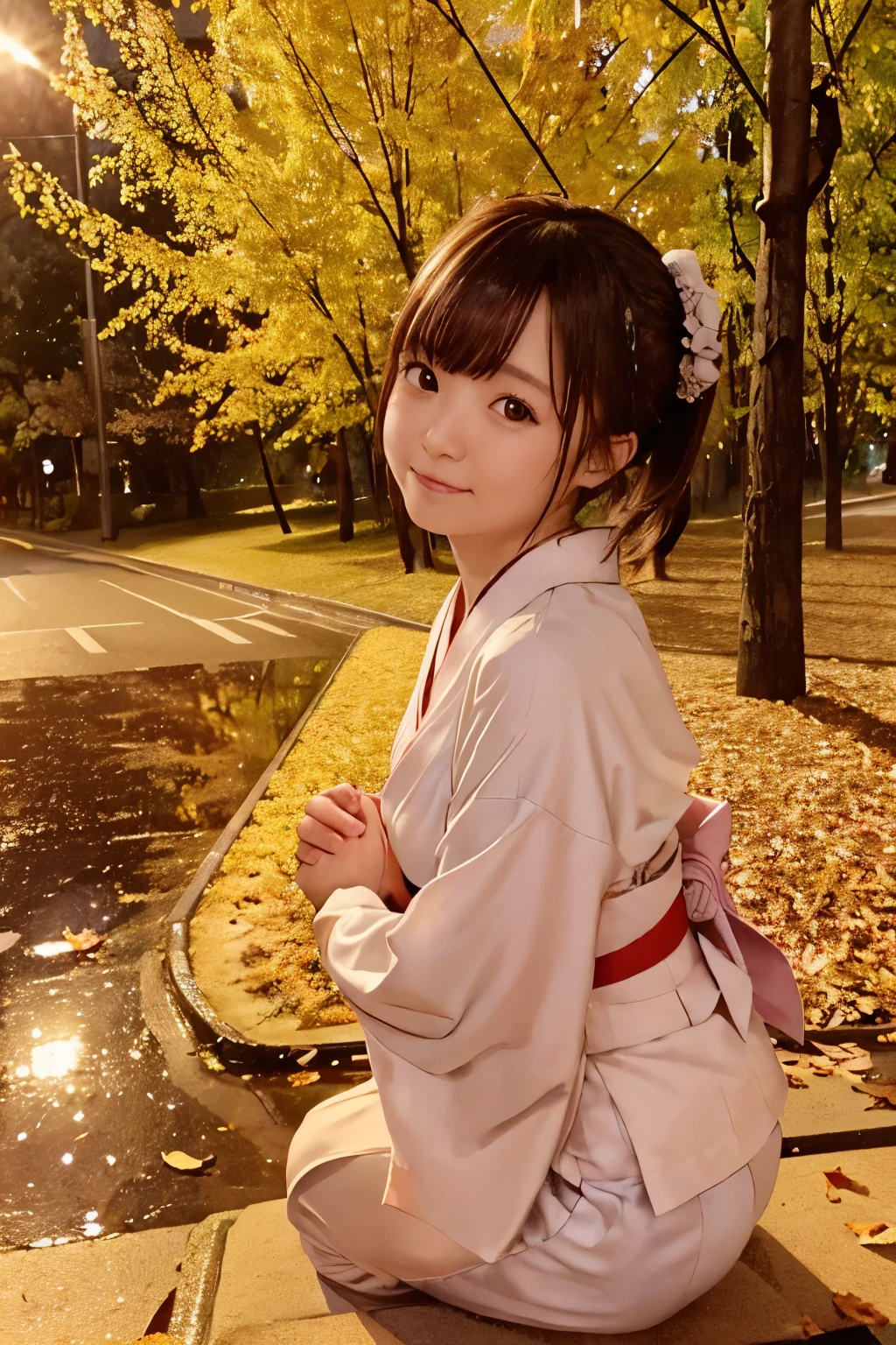 (rondo in autumn winds), 
8k, raw photo, best quality, hires, realistic, photorealistic, extremely detailed 8k wallpaper, beautifully detailed eyes, finely detailed face, 
 break 
cinematic lighting, 
 break 
light purple dusk:1.2, roads's reflections:1.2, sparkle, ginkgo trees, 
 break 
perfectly anatomically correct:1.2, 
 break 
1 girl in falling leaves:1.1, kawaii:1.1, very short ponytail hair:1.1, open mouth:1.1, 
(symmetrical clear eyes, chocolate color eyes with captivating reflections, teary eyes), 
moderate eye bags, wide-set eyes, tareme, (round face), round chin, white skinned, embarrassed, [blush], seventeen, 
cleavage, leaning behind, hands clasping behind, kneeling, 
light smiling, melancholy, 
(wearing formaly japanese kimono), 
looking back viewer straightly, 
 break 
[sfw:1.0], 
 break 
low angle shot:1.2, by telephoto lens:1.0, distant view:1.0, dynamic shot, bokeh:1.2