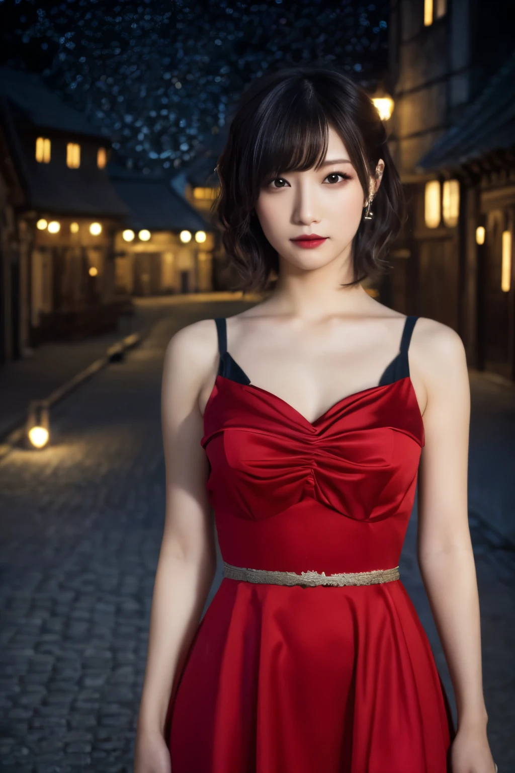 1 girl, (She is wearing a red dress:1.2), (Gothic Makeup), Portrait of a very cute Japanese symphonic metal singer, (RAW Photo Best Quality), (Realistic, Realistic:1.4), (masterpiece), 
Very delicate and beautiful, Very detailed, 2k wallpaper, wonderful, finely, Very detailed CG Unity 8K wallpaper, Very detailed, High resolution, Soft light, 
Beautiful detailed girl, Very detailed目と顔, A beautiful and elegant nose, Beautiful beautiful eyes, Cinema Lighting, 
(She stands in an empty medieval town:1.3), (Night Sky, milky way), (Girl full body silhouette:1.2), (Dark screen:1.5), (I am so lonely),
(short hair), (Messy Hair), 
Perfect Anatomy, Slender body, Small breasts