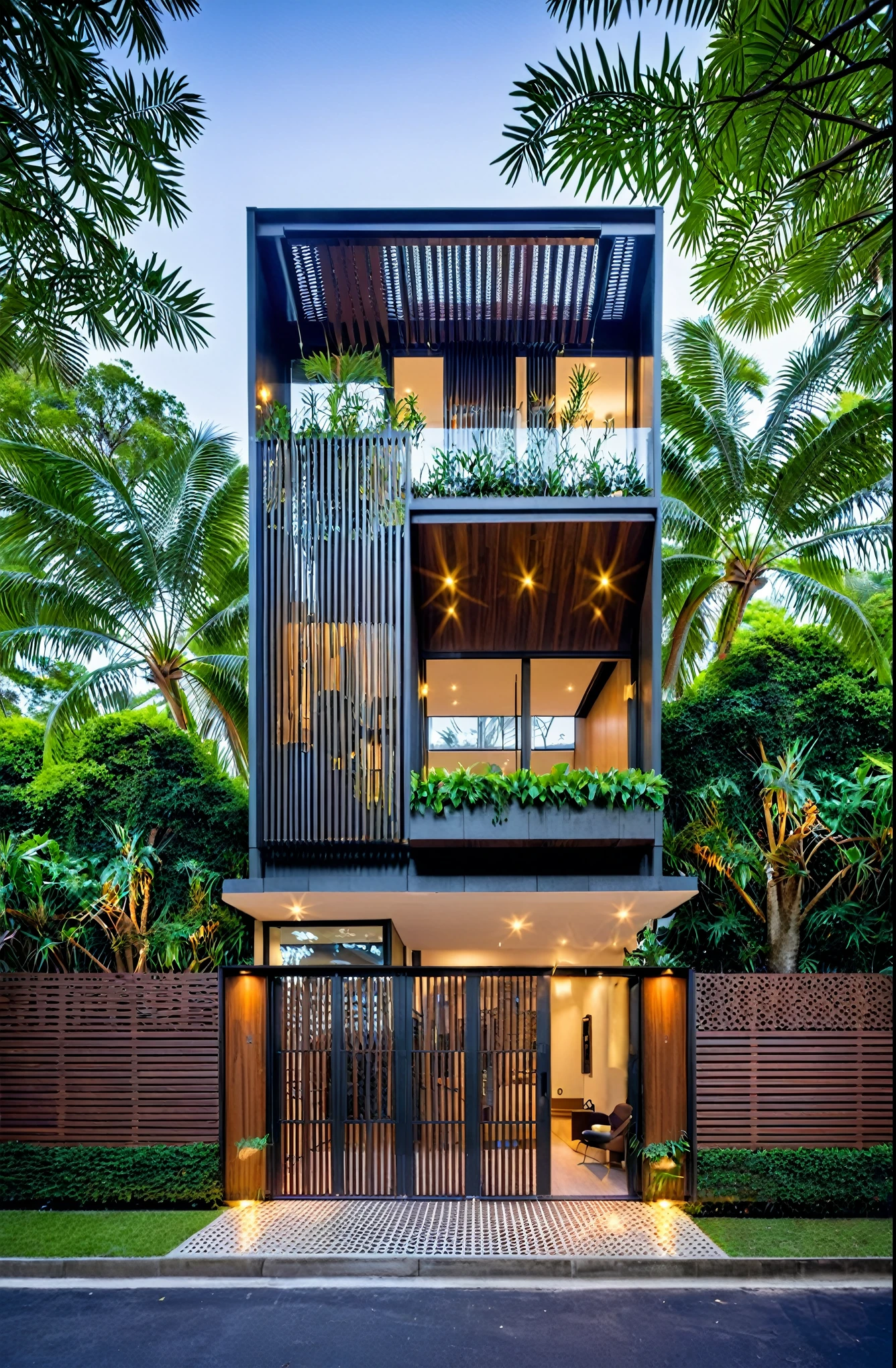 This house uses modern materials such as metal and glass., Combine with wooden panels to create accents. The facade has dark wood or metal slats., Helps create a warm yet strong feeling. Gates and fences can be made from metal with modern perforated designs. Besides, The house also integrates many green trees to create freshness and balance between hard materials and nature..