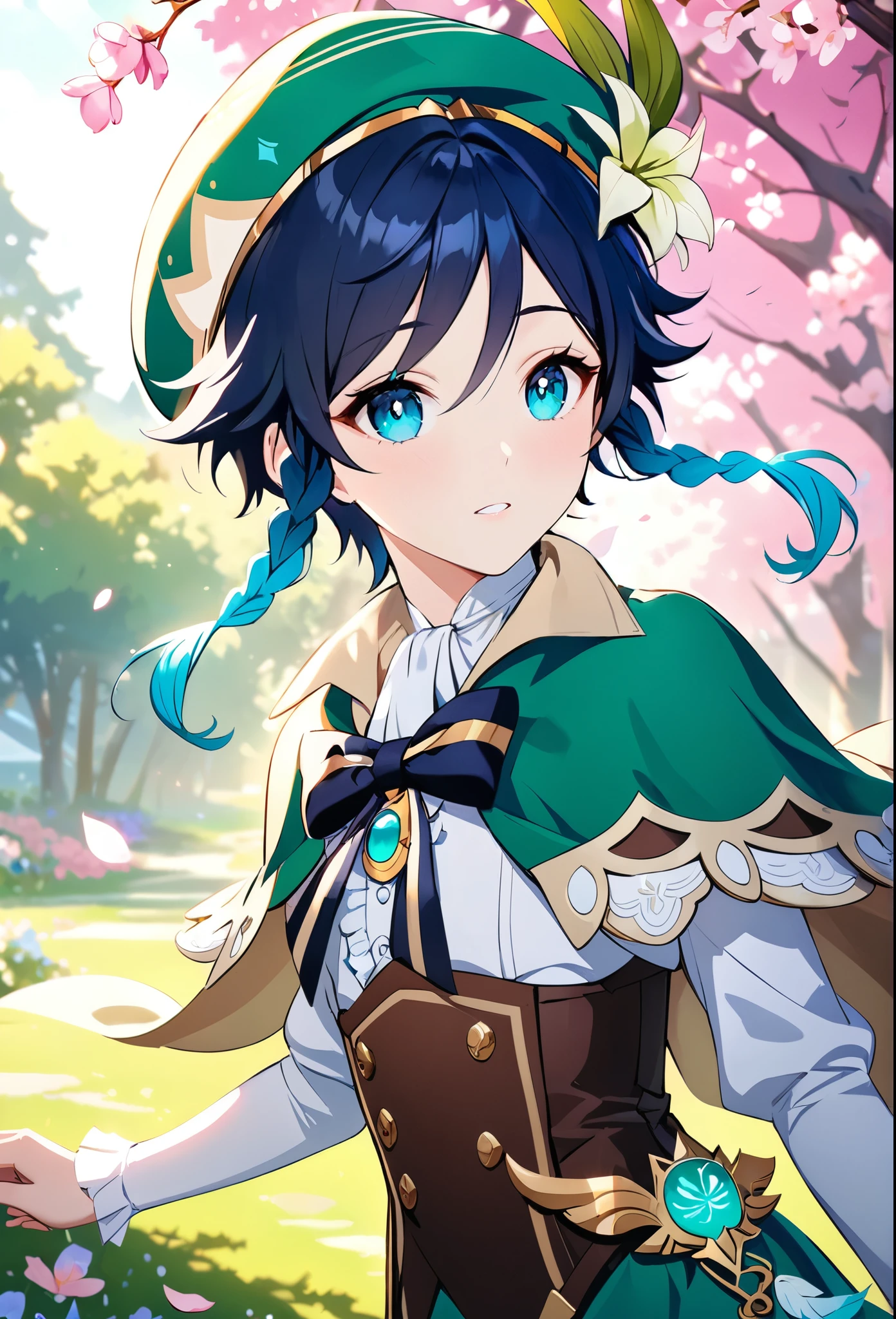 (best quality,4k,8k,highres,masterpiece:1.2),1boy,venti genshin impact,male focus,flat chest,ultra-detailed,morning of spring,delicate light rays,soft color palette,elegant curves,effects of light and shadow,flower petals falling,springtime essence,ethereal atmosphere,peaceful garden background,morning dew,soft sunlight filtering through trees,vividly colored blossoms,transcendent beauty,awe-inspiring artwork,white long-sleeved shirt, brown corset,green shorts, white tights,green cape,hat,brooch,bluegreen eyes,cinematic lighting, ray tracing, UHD, high details, high quality, award winning, super detail,wind,detailed eyes