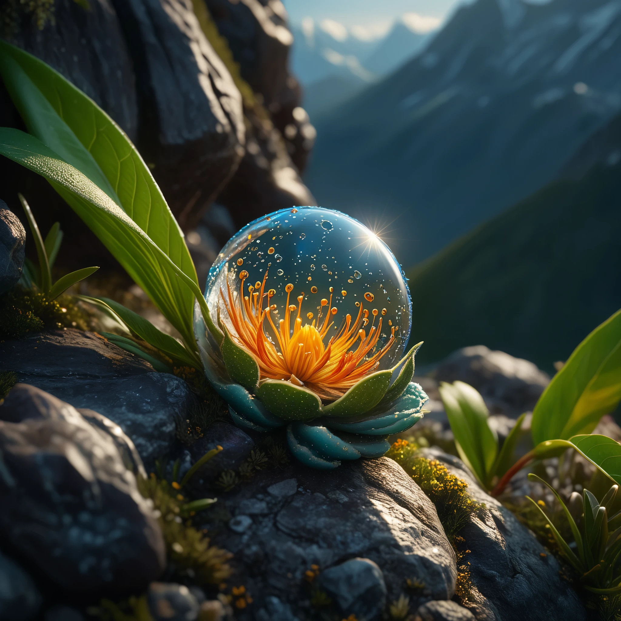 perfect composition, beautiful detailed intricate insanely detailed octane render, 8k artistic photography, photorealistic concept art, soft natural volumetric cinematic perfect light, chiaroscuro, award - winning photograph, masterpiece,  hyperrealistic, view of depth:0.9, (synthetic transparent:1.4), highly detailed, highly intricate, high altitude terrain, vibrant colors, sharp focus:1.4, (Miki Asai Macro photography:1.5), close-up, trending on artstation, studio photo, by greg rutkowski rays of light