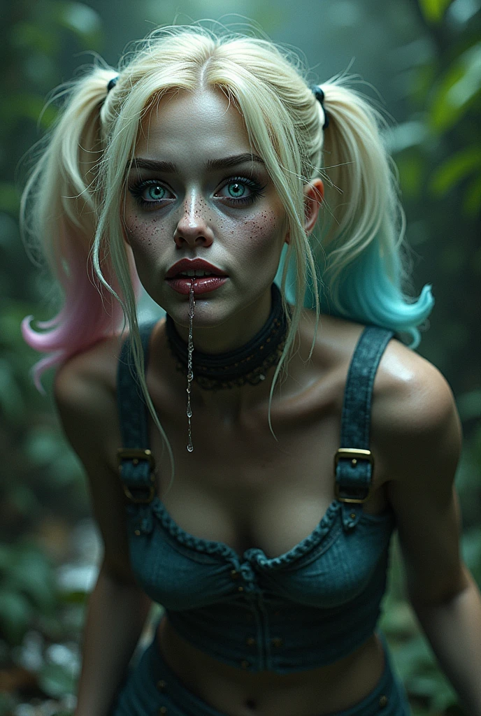 A man sits in front of Harley Quinn, the man is pushing Harley's face toward his groin, his penis is large, he pulls Harley toward his penis, she cries, she is performing fellatio, he forces her to give him a blowjob, he pushed his penis into her mouth, his penis drips with semen, her face get sprayed with semen from the penis , he touches her face with his penis, she is screaming, her her hands are tied up, the man is pulling on her hair, his penis sprays Harley in the face with cum, her face is drips with semen, she is screaming and scared, she is crying, semen drips from her cheek, her breasts are soaked in semen, he skin wet from the cum, she doesn't want to do this, but he uses her like a sex slave