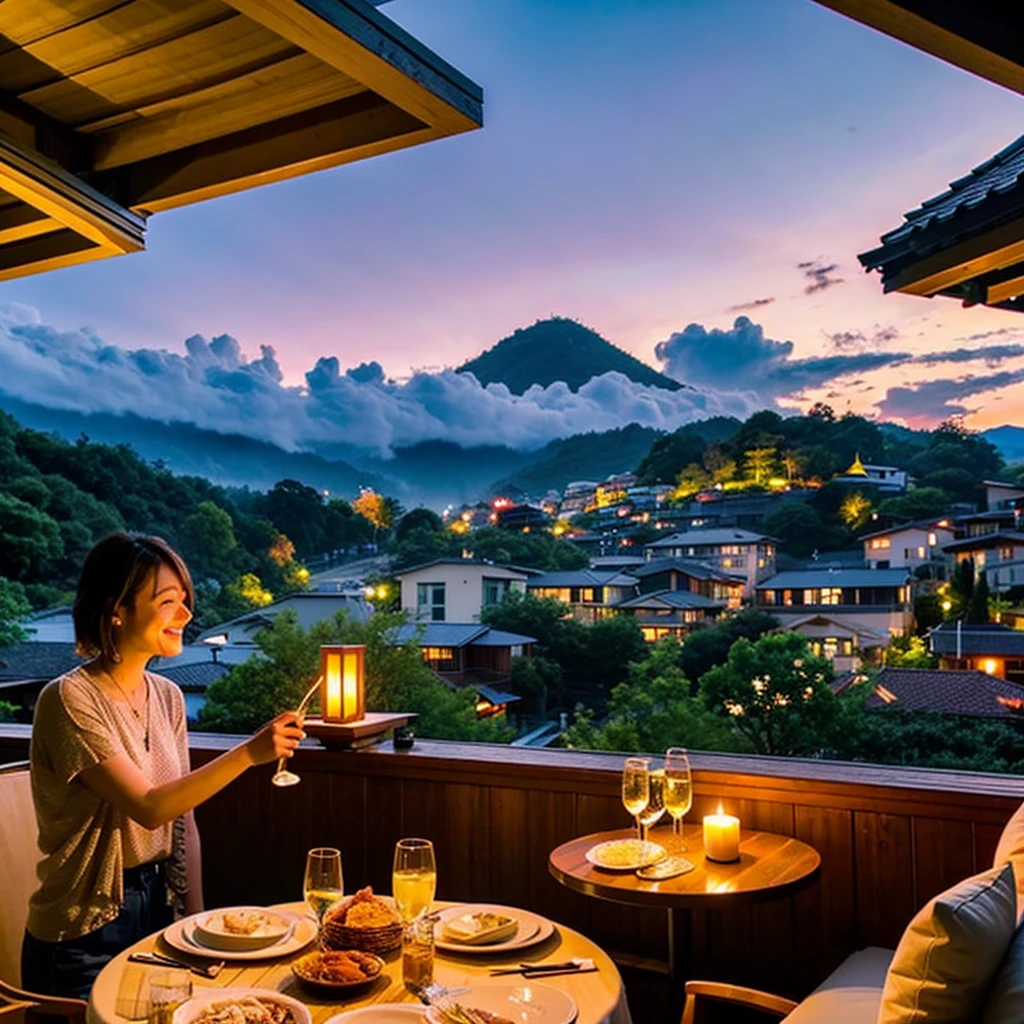 (including k, nffsw, highest quality, table top: 1.2), (realistic, realistic: 1.37), Spectacular view of the sunset sky and clouds、Amazing mountain views、White wine、Japanese sake、Sake Glass、wine glass、、sparkling wine、