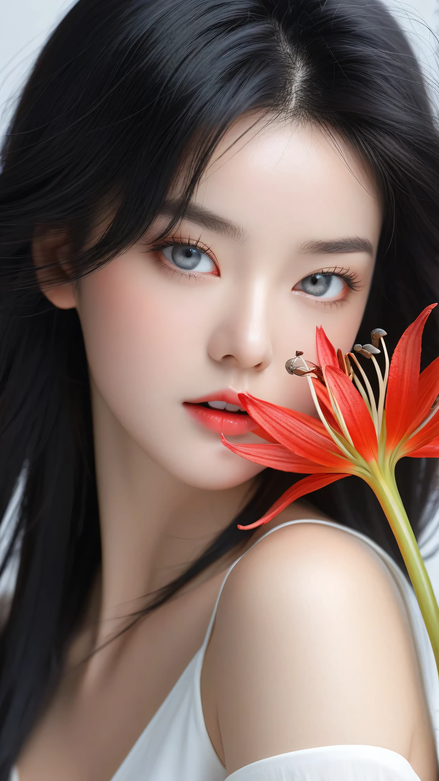 (Top resolution、Distinct_image)top-quality、FEMALES、​masterpiece、ighly detailed、Semi-realistic、Black  hair、Dark hair、grey  eyes、bangss、25-years old、Mature、young、Exquisite facial features、Facial features,closing eye, red spider lily