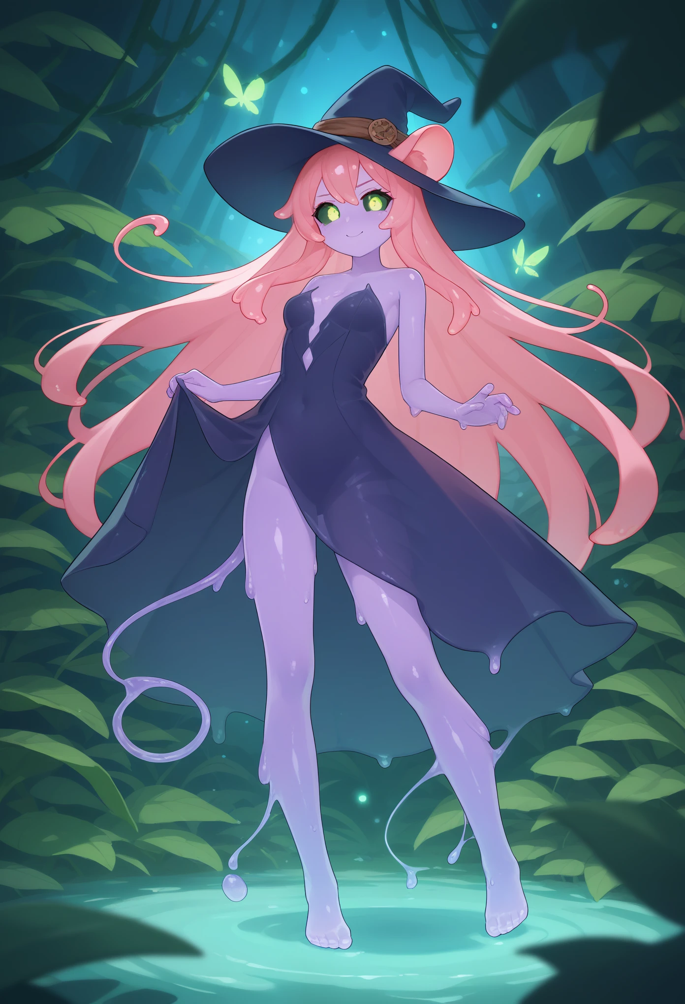 slime girl, witch outfit, sharp antlers, demon tail, long tail, purple skin, slimy skin, green eyes, black sclera, pink hair, mouse ears, cute ears, jungle setting, controlling vines, magical vines, mystical aura, enchanted forest, tropical plants, lush greenery, dark atmosphere, moonlit jungle, bioluminescent flora, flowing witch robe, wide-brimmed hat, slimy texture, glowing eyes, glowing green eyes, ethereal glow, standing pose, fantasy creature, demonic aura, magical powers, enchanted nature, pink haired witch, mystical vibe, plant control, slime witch, fantasy environment, magical jungle, night time, magical essence, mysterious smile, mysterious presence, long flowing hair, glowing plants, shadowy forest, vine manipulation, cute but eerie, eerie beauty, slimy witch, night jungle, dark fantasy, slime girl mage, gooey body, dripping slime, translucent skin, shiny texture, gelatinous form, slimy surface, viscous liquid, wet shine, oozing slime, flexible body, melting appearance, fluid movement, semi-transparent, jiggly body, amorphous form, slimy details, glossy sheen, showing off power, Pink Hair, protective vines, midriff-exposed dress, elegant outfit, soft lighting, intricate detail, full body view, purple aura, slight shine on gelatinous form, intricate texture on vines, fantasy setting, dynamic pose, confident expression, slime aesthetics, magical powers, vivid colors, perfect breasts, Nice ass, D-cups, Cute breasts, shapely figure, Slender legs, glowing eyes, freckles, Full Body