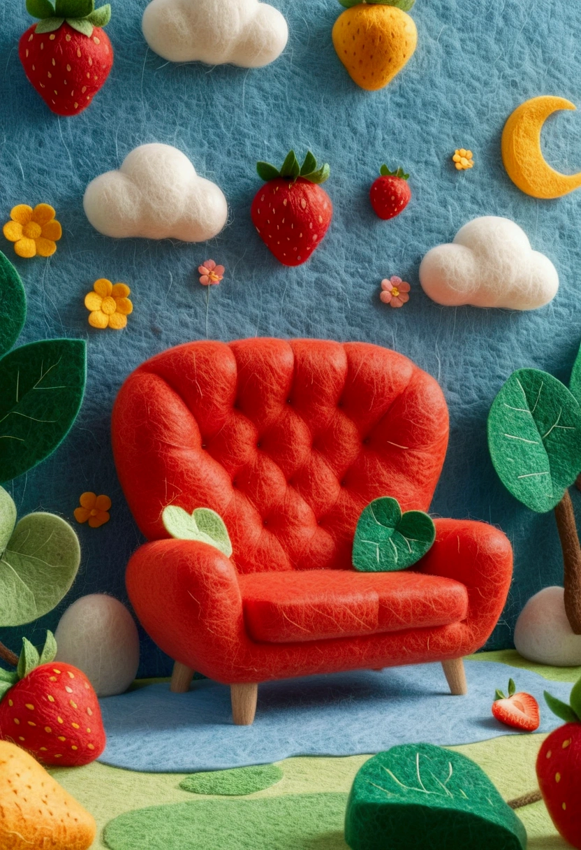 very strong felt style:1.59.There is a red sofa，There are two strawberries on it, 3D rendering of Kinichiro Ishikawa, shutterstock contest winners, Plush furniture, 