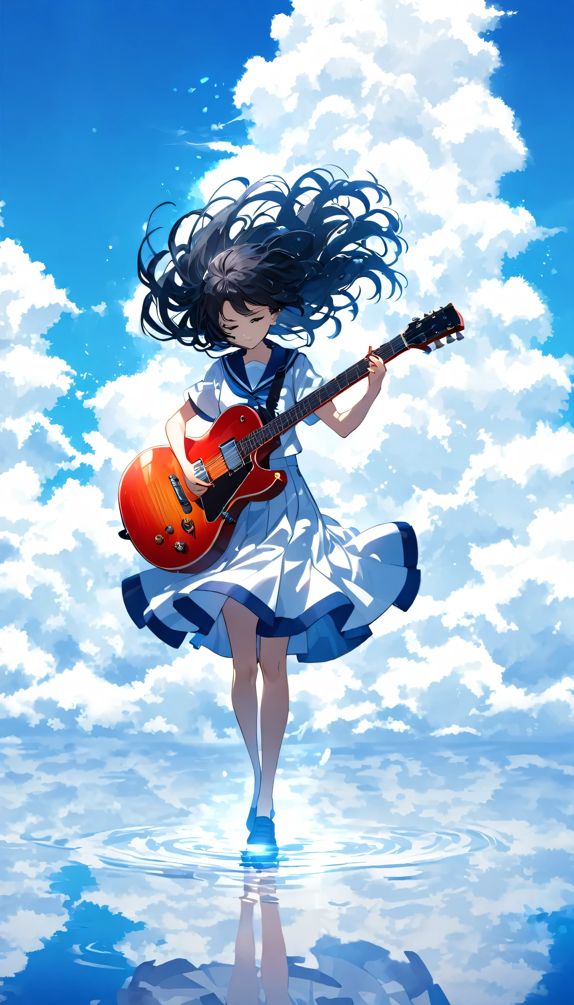 A girl playing a guitar passionately in a sailor school uniform, with long black hair flowing in the wind. The girl is standing under a bright blue sky with fluffy white clouds. The sun is shining brightly, casting strong light and shadow, highlighting the girl's determined expression. Her electric guitar is dark blue, and the overall color scheme emphasizes shades of blue and white for a fresh, energetic feeling. The wind blows through her hair, creating a sense of motion and freedom. The scene captures a moment of intense emotion and love for music.