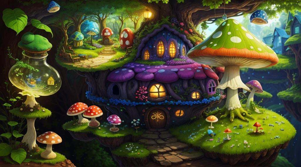 World in a bottle，A fairyland-like hideaway，Colorful mushroom house，a fairy world