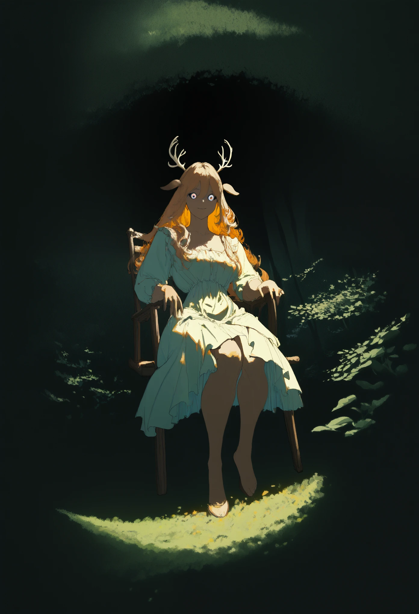 1girl, perfect anatomy, brown detailed eyes, antlers, 8k resolution, (one person), (score_9), (realism: 1.2), (masterpiece: 1.2), (cowboy frame: 1.2), romantic lighting, (high detail: 1.2), (full body shot: 1.2), (gradients), (natural light: 1.2), (masterpiece, top quality, best quality, hd, beautiful and aesthetic:1.2), (flat color:1.3), high resolution, extremely detailed, original, colorful, dynamic curves, fisheye view, solo, garden, outdoors, forest far away in the background, sitting on a garden chair, table with tea set, plants, brambles, perfect lighting, deer ears, long hair, ginger hair, cottagecore dress, low angle, perfectly drawn eyes, smile, full-length, insanely detailed and intricate dark shadows, gradient cinematic light epic shot action pose beautiful molten, (SuperQuality:1.0) ~ (SuperQuality:1.2), aidxlv05_neg, sunlight between leaves chromatic aberration aesthetic, (amazing quality:1.5), negativeXL_D, badhandv4, aid210