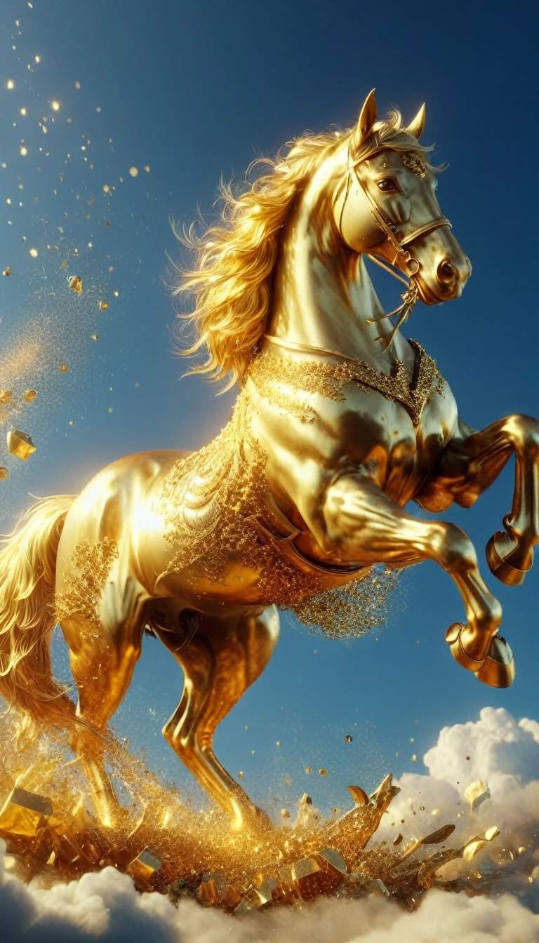 A knight on a huge golden horse rises forward in the sky、Staring at me, Gold particles fly in the wind, Eyes are God々Shines brightly、high detail, Majestic