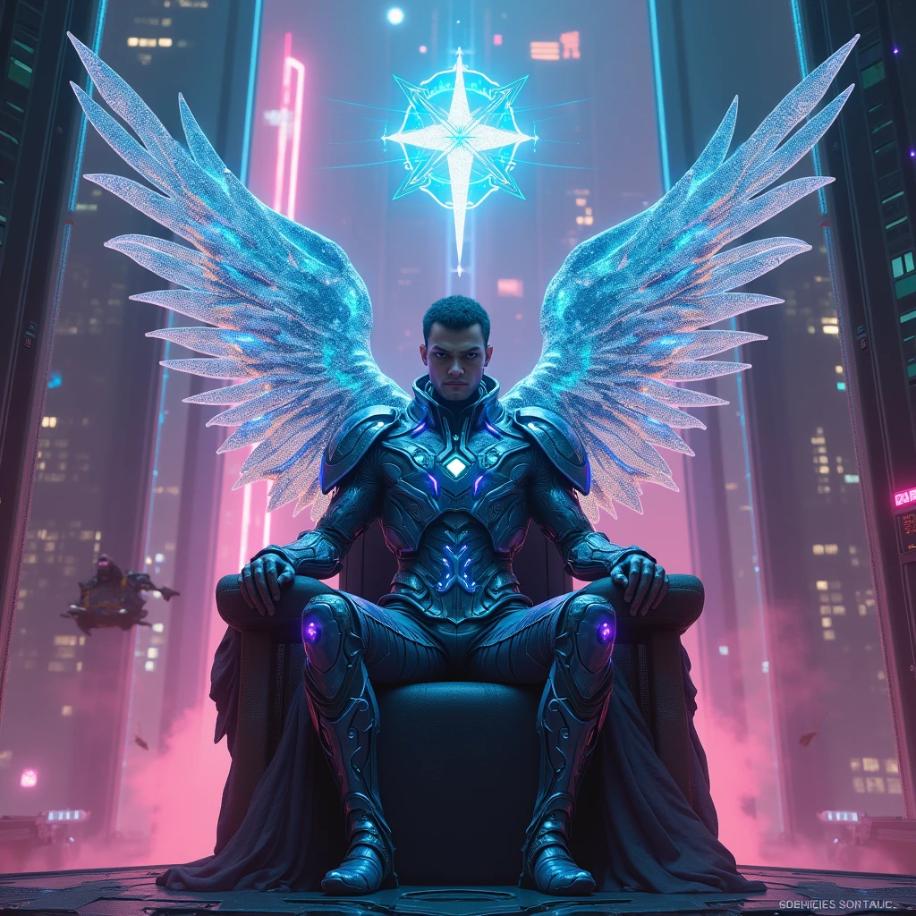 A cyberpunk fairy tale of a man with iridescent wings sitting on a throne made of circuit boards in a neon-lit, futuristic castle. He wears a suit of armour with LED lights and a magical artefact hovers above his head. The background is a sprawling metropolis with flying cars and towering skyscrapers.