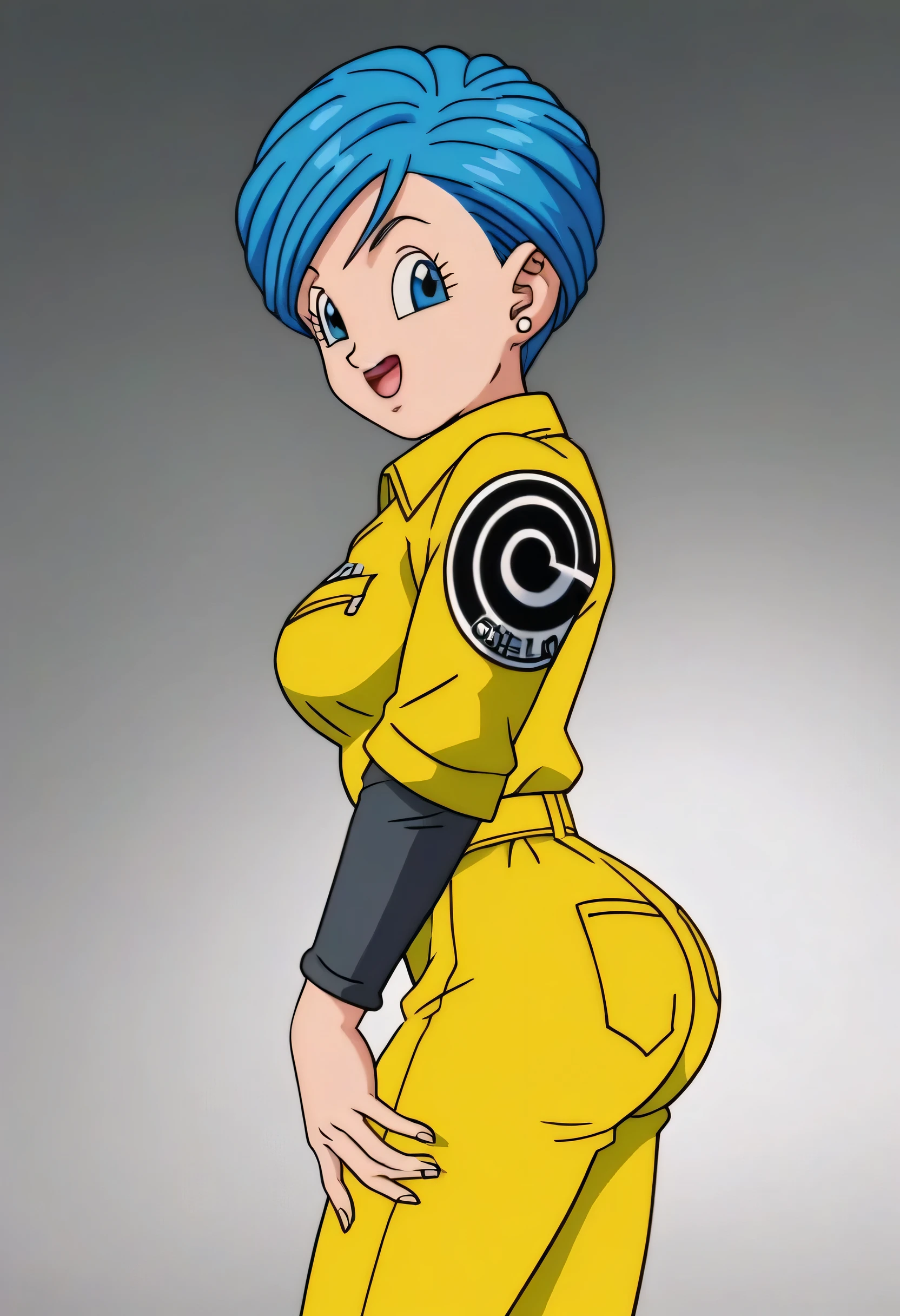 source_anime, score_9, score_8_up, score_7_up, anime screencap,8k, from aside, absurd res, bulma, 1girl, solo, breasts, smile, short hair, open mouth, blue eyes, jewelry, blue hair, earrings, cowboy shot, belt, hand on own ass, looking at ass, yellow jumpsuit, black undershirt, short over long sleeves, leaning forward, from side, layered sleeves