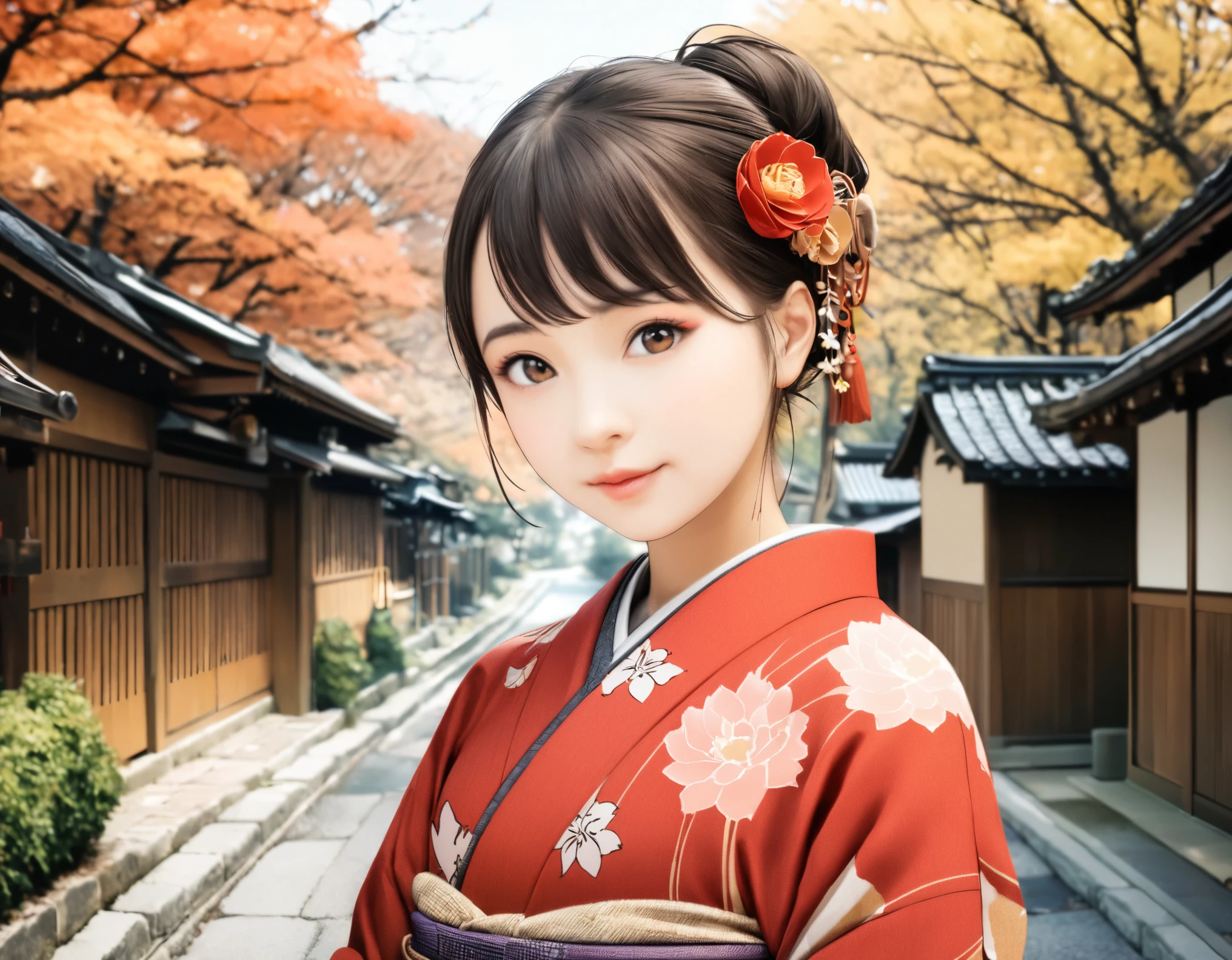 (best quality, 8k, high resolution:1.2), 1girl, Kyoto, kimono, autumn