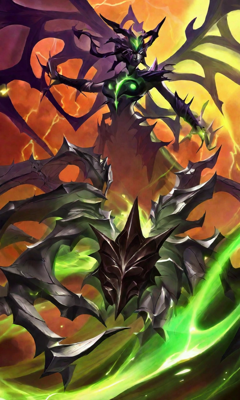 (Massive fel-green portal):1.3, swirling demonic energy, (jagged obsidian frame):1.2, floating fel crystals, ancient orcish runes, billowing smoke tendrils, eerie green glow, ominous storm clouds, crackling lightning, highly detailed stonework, ray tracing, volumetric lighting, cinematic composition, depth of field, HDR rendering, particle effects, ambient occlusion