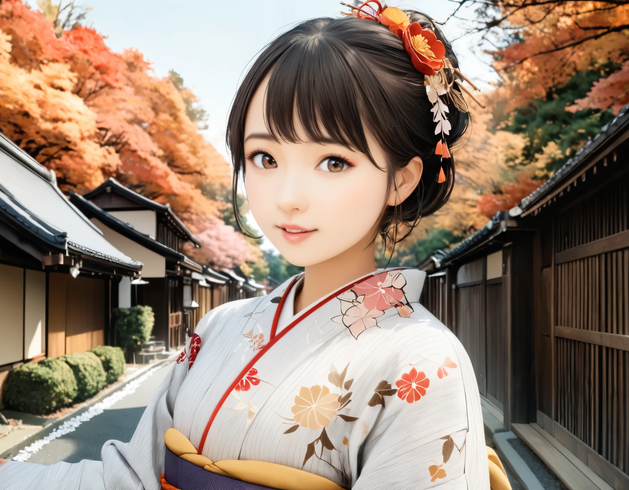 (best quality, 8k, high resolution:1.2), 1girl, Kyoto, kimono, autumn