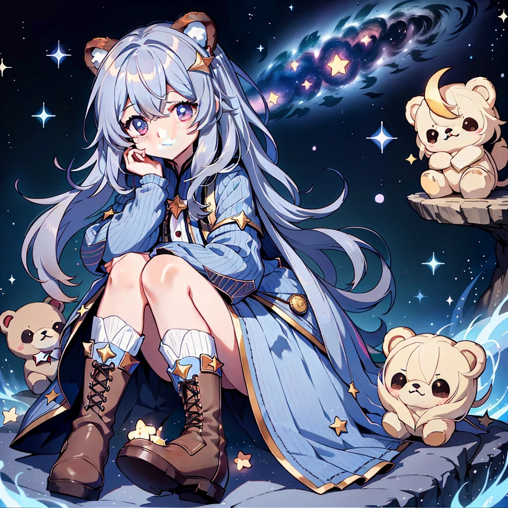 starの妖精、Full body Front portrait、Front、Front facing the viewer、One girl,Best Quality、masterpiece、Official Art、Super detailed、Very beautiful、Cute starの妖精、Gray Hair、Straight long hair、milky way、universe、star charm、star、baby face、Knee-high boots、Giant stuffed teddy bear,magic circle、Pinstripe、🌙Sitting with the best smile、