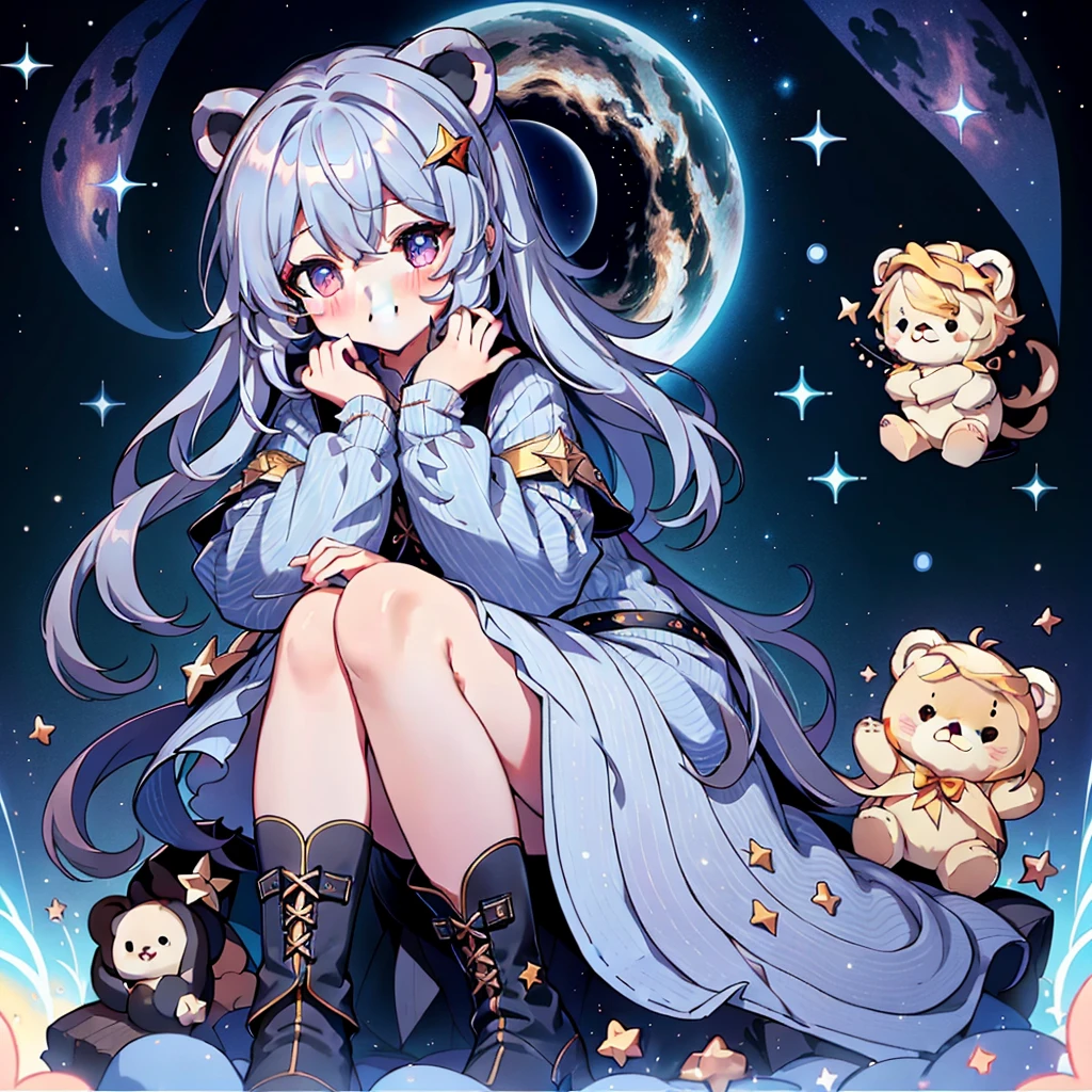 starの妖精、Full body Front portrait、Front、Front facing the viewer、One girl,Best Quality、masterpiece、Official Art、Super detailed、Very beautiful、Cute starの妖精、Gray Hair、Straight long hair、milky way、universe、star charm、star、、Knee-high boots、Giant stuffed teddy bear,magic circle、Pinstripe、🌙Sitting with the best smile、