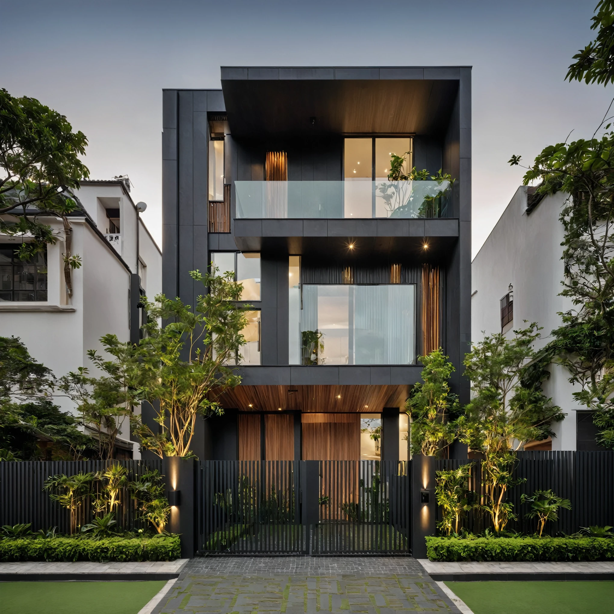 The house in the photo has a modern design with a vertical structure and uses dark materials.. The highlight is the green areas on the floors., create a feeling of closeness to nature. The gate and facade are both exquisitely designed., create harmony and elegance for the whole, Add cars , cổng gõ ốp gỗ