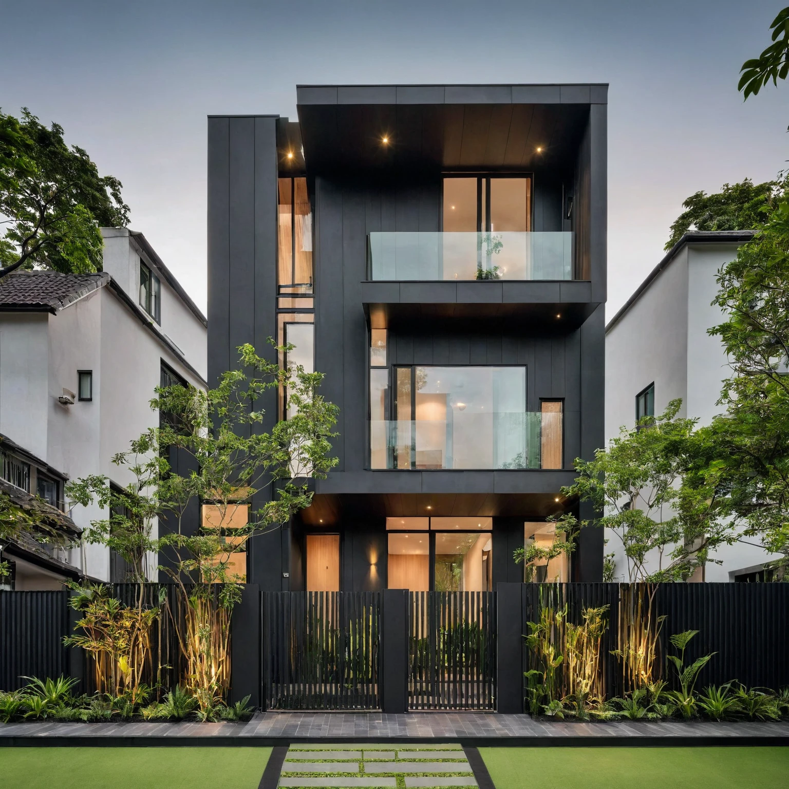 The house in the photo has a modern design with a vertical structure and uses dark materials.. The highlight is the green areas on the floors., create a feeling of closeness to nature. Beautiful modern gate and facade