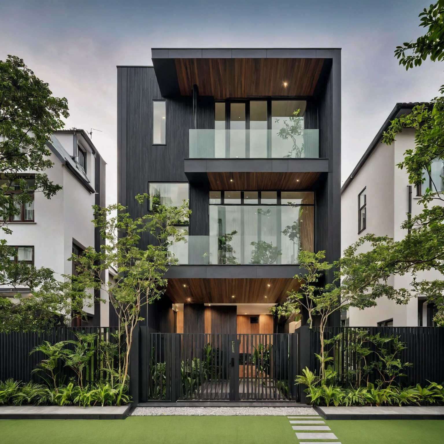 The house in the photo has a modern design with a vertical structure and uses dark materials.. The highlight is the green areas on the floors., create a feeling of closeness to nature. Beautiful modern gate and facade