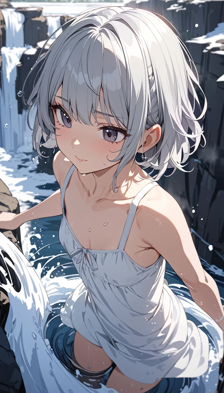 ((the best image quality、the best、1 girl、Drawing in detail))、
((Gray Hair、Silver Hair、Short Hair))、((Orange eyes、Active facial expression、Round eyebrows))、((Small breasts、Flat Chest))、(smile、Open your mouth、Showing the inside of the mouth)、

((Naked Towel、Nipples、Breast wheel、Erect nipples))、((rock、cave、wall、darkness))、((hot spring、steam、water))